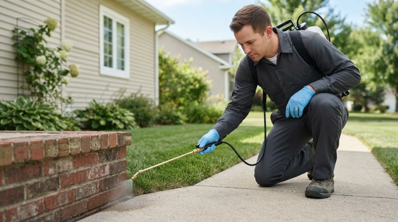 Pest control technician treating a home near Monticello, IA