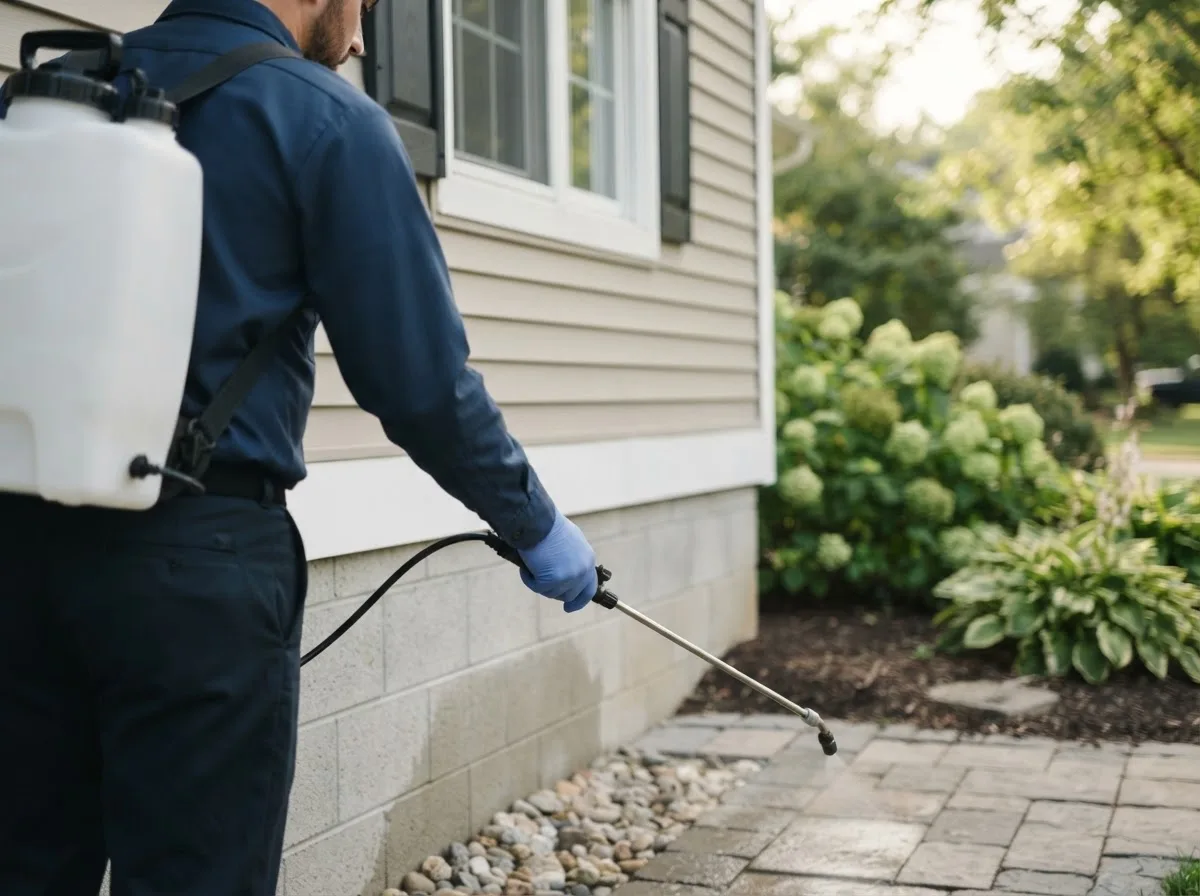 Pest control technician inspecting a home in Monticello, IA